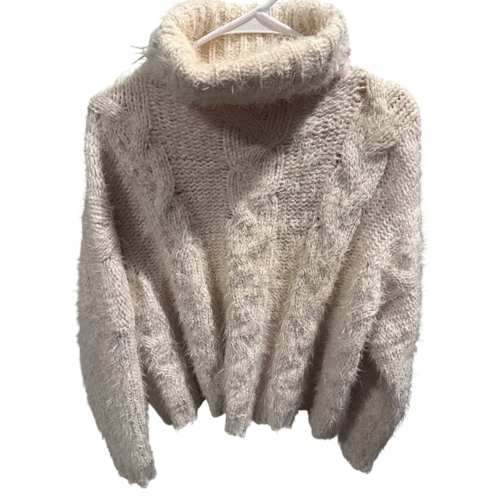 Sage The Label Cream Cable Knit Fuzzy Turtleneck Sweater  Large
